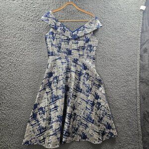 Studio S Womens A-line Dress Size 10 Silver Blue Short Sleeve V-Neck Knee Length